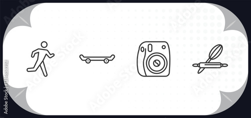 outline icons set - free time concept. running man, skate, instant camera, baking.