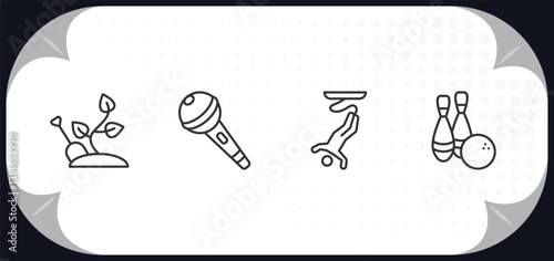 outline icons set - free time concept. gardening, karaoke, bungee jumping, bowling.