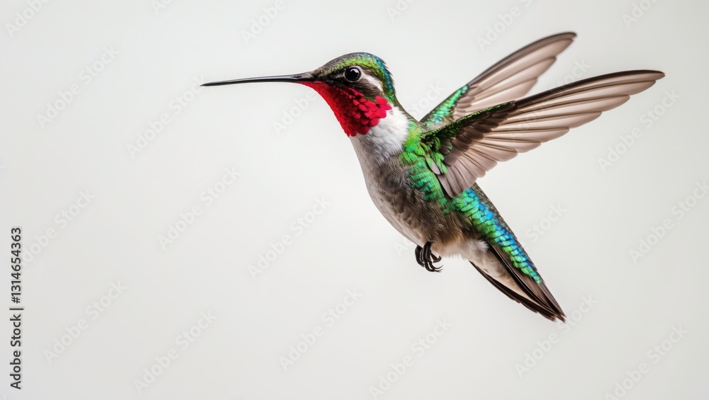 Fototapeta premium Hummingbird in flight against a plain background.
