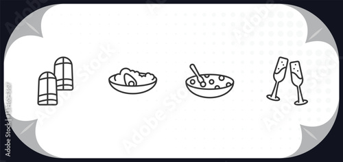 outline icons set - food and restaurant concept. pamonha, congee, tong sui, champagne glass.