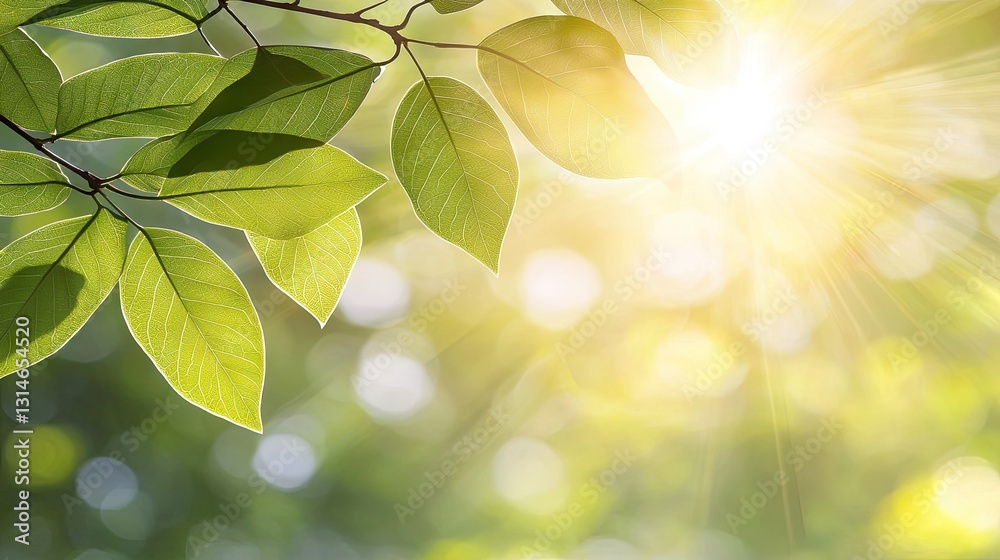 Sunlit green leaves, forest background, spring nature, idyllic scene, website banner Sunlit green leaves, forest background, spring nature, idyllic scene, website banner