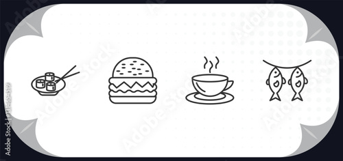 outline icons set - food concept. sushi dish, give a burger, hot drinks, dried fish.