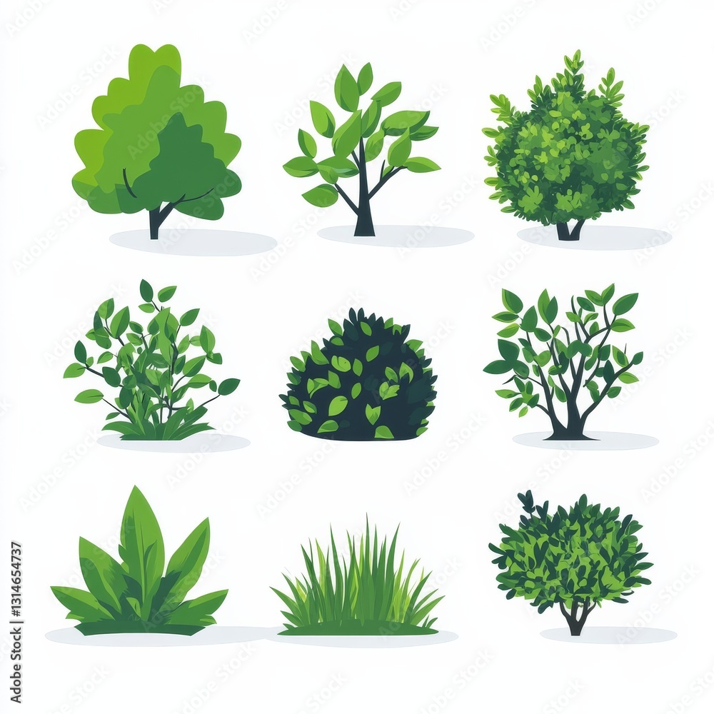 Obraz premium Nine Varieties of Greenery: A Showcase of Trees, Shrubs, and Grass Textures in Vector Illustration.