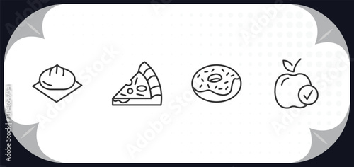 outline icons set - food concept. wonton, pizza slice cut, chote donut, healthy food.