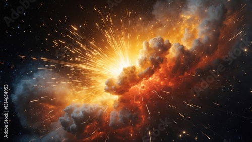 Massive, intensely hot explosion featuring sparks and heated smoke, set against a black background. photo