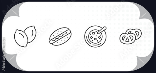 outline icons set - food concept. slot, hotdog, winter melon soup, pretzel.