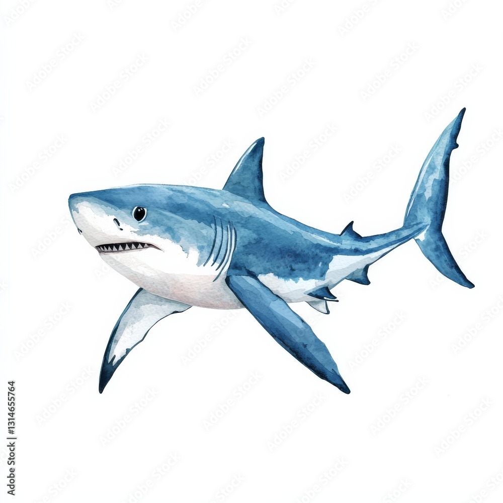 Naklejka premium Watercolor Great White Shark Illustration, Marine Predator with Sharp Teeth and Powerful Tail on a White Background