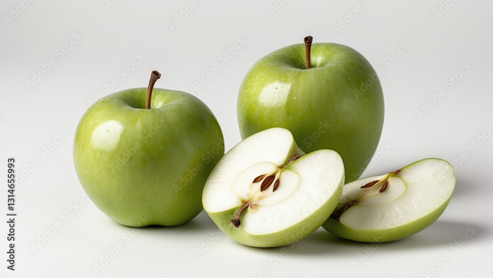 Green apple isolated. Set of whole, half, and sliced green apples on a white background. Green apple isolated. Set of whole, half, and sliced green apples on a white background.