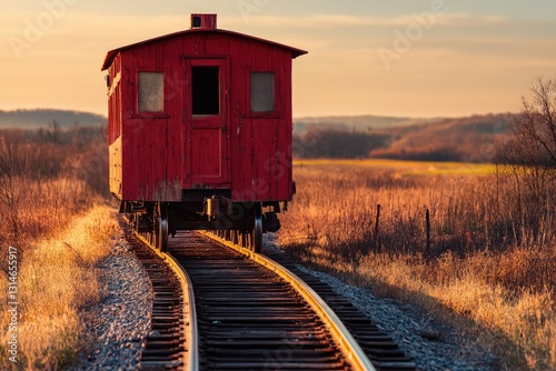 A solitary red railway caboose stands on a curving track, bathed in the golden light of sunset, traversing a serene rural landscape.