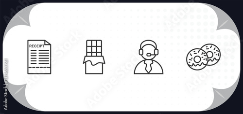 outline icons set - fast food concept. receipt, chote, operator, doughnut.