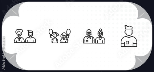 outline icons set - family relations concept. step-brother, sibling's child, grandparents, brother.