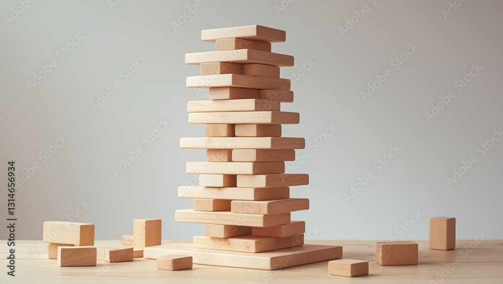 Board game with a tower of wooden blocks set against a light backdrop. Tower constructed of unevenly placed wooden beams. Activity focused on dexterity, logic, and coordination. Home entertainment.... Board game with a tower of wooden blocks set against a light backdrop. Tower constructed of unevenly placed wooden beams. Activity focused on dexterity, logic, and coordination. Home entertainment....