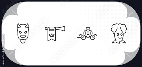 outline icons set - fairy tale concept. evil, fanfare, cinderella carriage, talking tree.