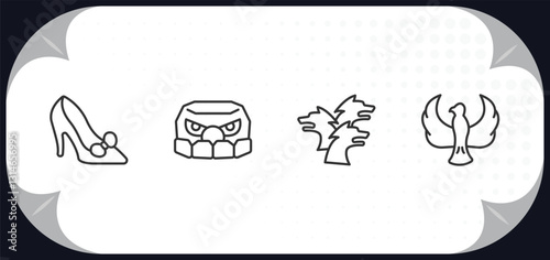 outline icons set - fairy tale concept. cinderella shoe, , cerberus, phoenix.