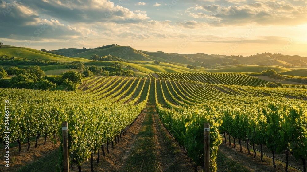 A serene vineyard landscape with rows of grapevines stretching across rolling hills under a beautiful sunset. A serene vineyard landscape with rows of grapevines stretching across rolling hills under a beautiful sunset.