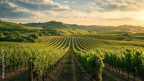 Wallpaper Mural A serene vineyard landscape with rows of grapevines stretching across rolling hills under a beautiful sunset. Torontodigital.ca