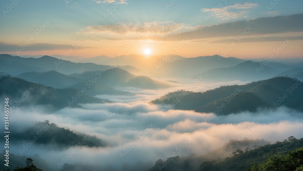 Fototapeta premium Capture the essence of a peaceful sunrise over misty mountains, where soft, golden sunlight tenderly illuminates the valleys below. This image reflects the tranquility of nature and the breath.