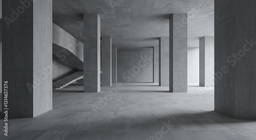 Abstract architecture design of modern futuristic building. Architectural background with concrete columns in minimal hall interior.