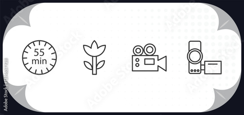 outline icons set - electronic stuff fill concept. minute countdown, ro, film camera, handy cam.