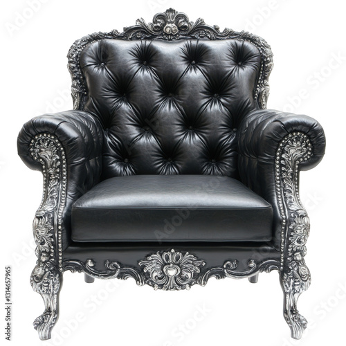 A regal black leather armchair with a unique artistic interpretation, transparent background, PNG