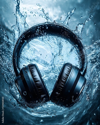 Dark Blue Headphones Submerged in Water Splash