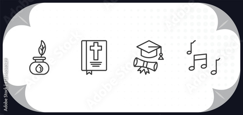 outline icons set - literature concept. ink, bible, graduation, song.