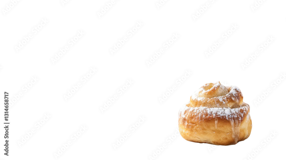 Delicious cinnamon roll sprinkled with icing sugar on transparent background Delicious cinnamon roll sprinkled with icing sugar on transparent background