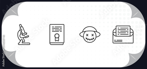 outline icons set - education concept. microscope, thesis, wizard of oz, invitation.