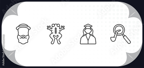 outline icons set - education concept. robinson crusoe, frog, student, sherlock holmes.