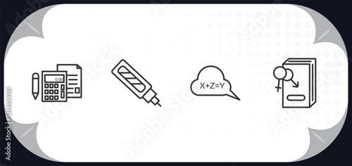 outline icons set - education concept. school calculator, corrector, equation, fraternity.
