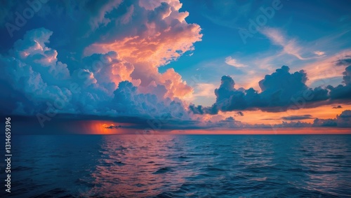 Fototapeta Naklejka Na Ścianę i Meble -  Baltic Sea at sunset. Dramatic blue sky following a storm, ornamental cumulus clouds. Epic cloudscape. Nature, environment, ecology, meteorology, cyclone, unpredictable weather.