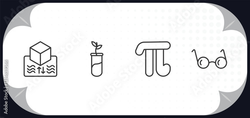outline icons set - education concept. archimedes principle, plant sample, pi, studying glasses.