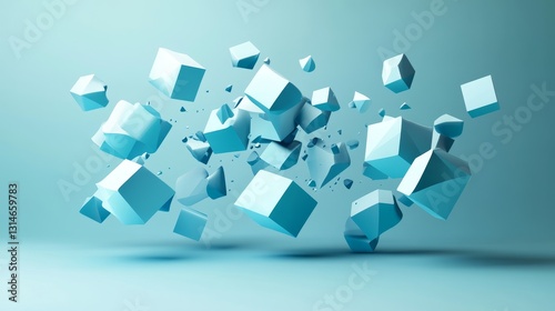 Dynamic abstract composition of floating geometric shapes modern studio digital artwork minimalist environment aerial view innovative design