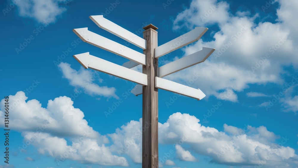 Blank wooden signpost featuring eight arrows against a blue sky. Blank wooden signpost featuring eight arrows against a blue sky.