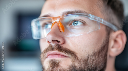 Close-up of scientist wearing protective glasses concentrating on his work in a laboratory environment photo