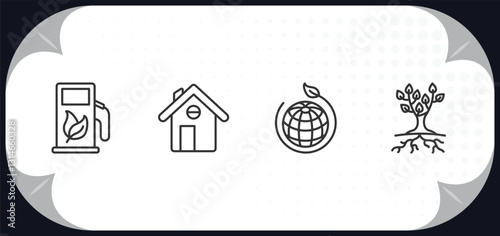 outline icons set - ecology concept. bio fuel, green home, eco, tree and roots.