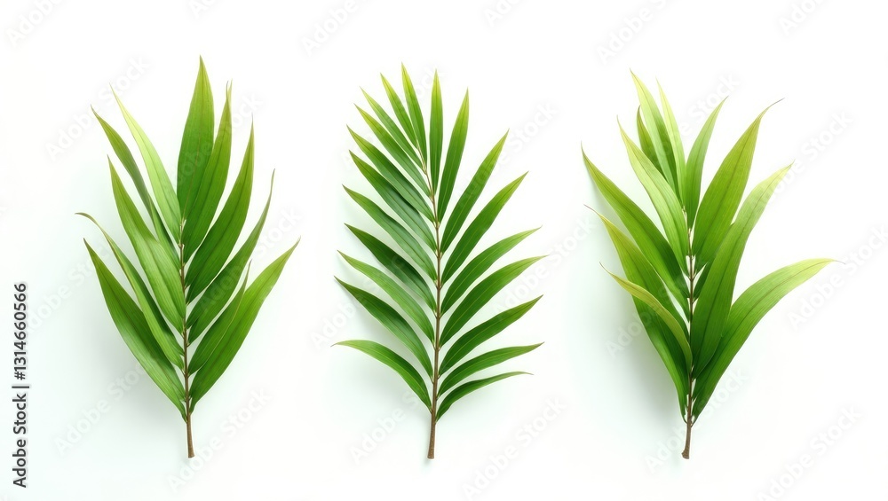 Fototapeta premium Green coconut palm leaves on a white background, grouped.