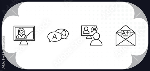 outline icons set - e learning and education concept. computer-based training, qa, online coaching, grades.