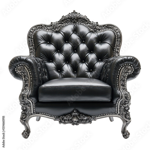 A regal black leather armchair with a unique artistic interpretation, transparent background, PNG