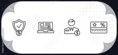 outline icons set - e commerce and payment concept. guaranty shield, online order, broker, loyalty card.
