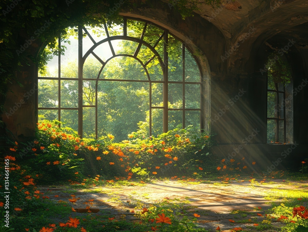Hauntingly beautiful abandoned space illuminated by sunlight and wildflowers. Generative AI Hauntingly beautiful abandoned space illuminated by sunlight and wildflowers. Generative AI