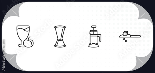 outline icons set - drinks concept. juice, jigger, french press, drip.