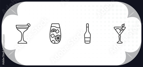 outline icons set - drinks concept. flirtini, tom collins, wine bottles, 007 martini.