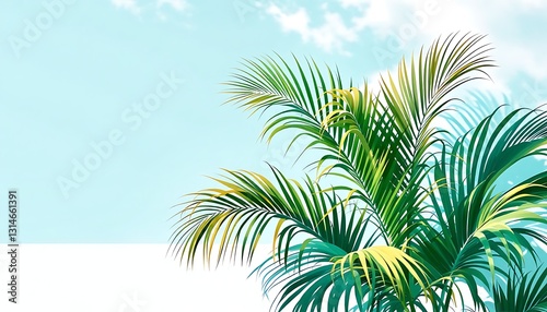 Palm Tree Against Blue Sky with Clouds for Tropical Summer Vibes