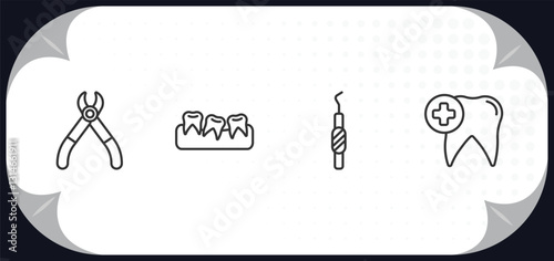 outline icons set - dentist concept. tooth pliers, malocclusion, dental probe, dental care.