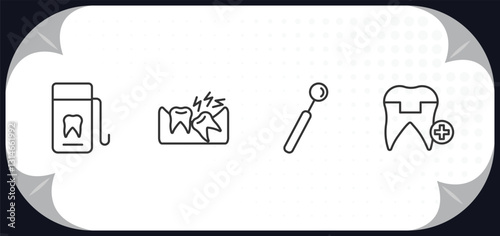 outline icons set - dentist concept. dental floss, wisdom tooth, dentist mirror, molar crown.