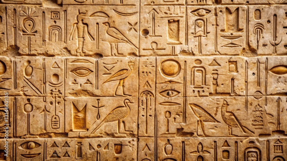 Ancient Egyptian Hieroglyphics Carved on Aged Stone Wall Ancient Egyptian Hieroglyphics Carved on Aged Stone Wall