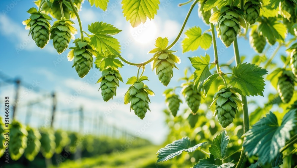 Hop field under a blue sky with the sun, banner. Hop field under a blue sky with the sun, banner.