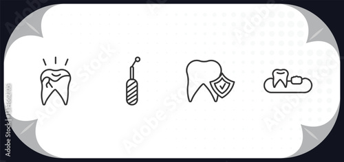 outline icons set - dentist concept. broken tooth, scraping, prophylaxis, partial denture.