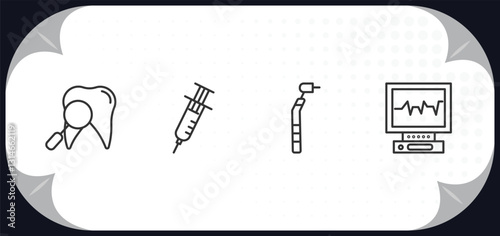 outline icons set - dentist concept. dentist, empty syringe, filler, ekg monitor.